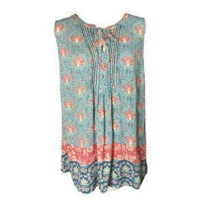 Daniel Rainn Pink Blue Print Sleeveless Boho Peasant Tank Top Size LG/XL Coastal